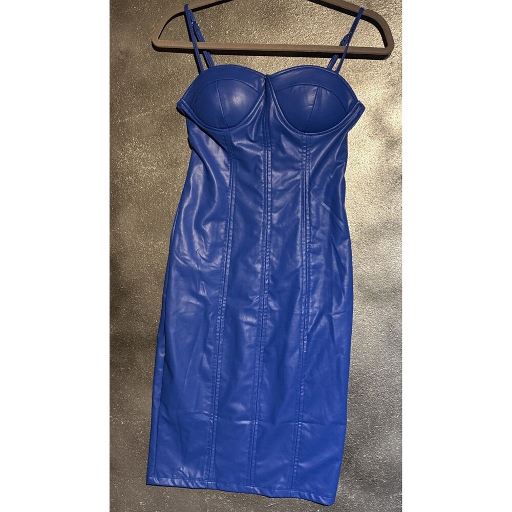 ABSOLUTELY LOVE IT Royal Blue Faux Leather Stretchy Bodycon Dress Sz M Padded